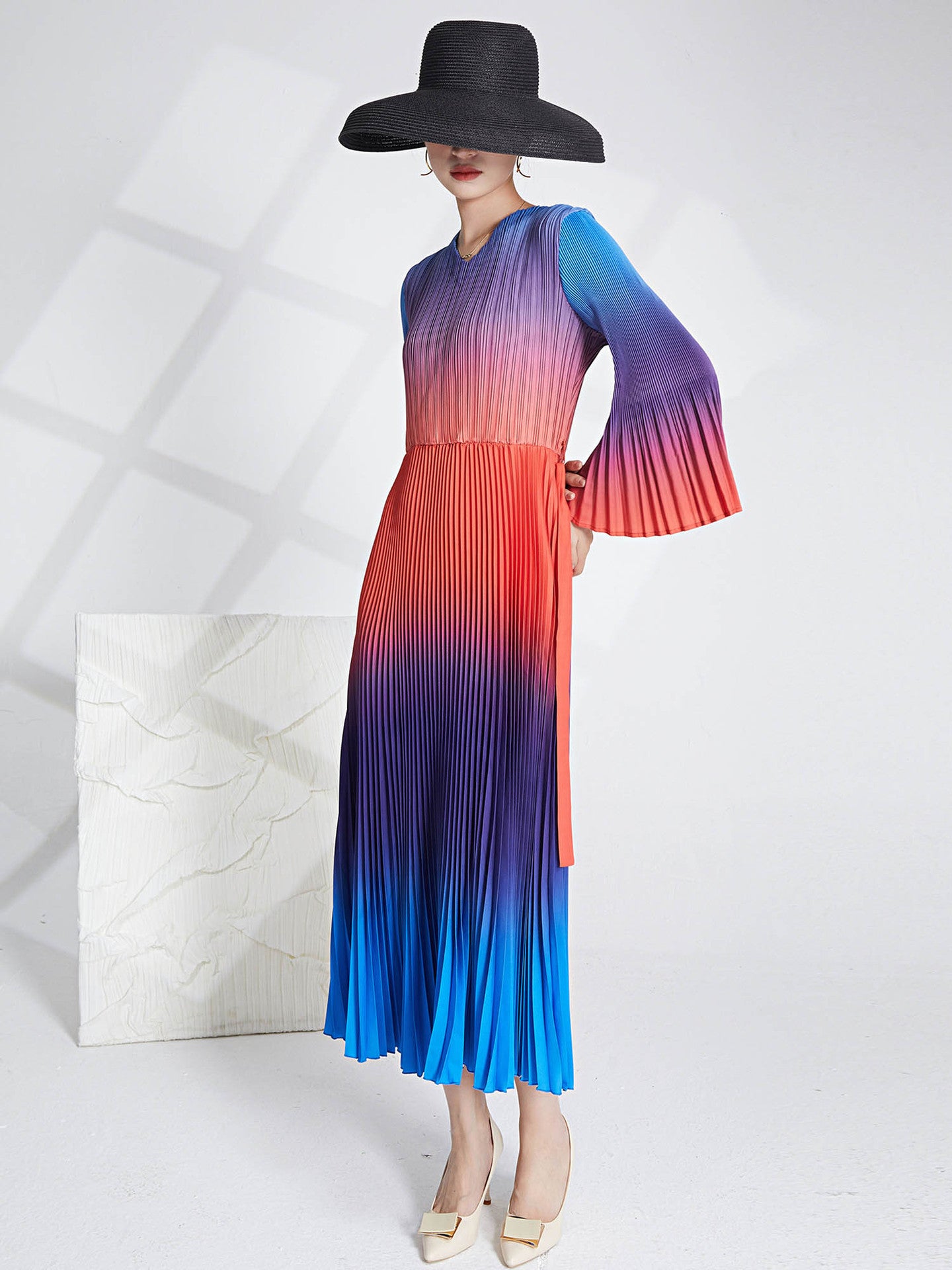 Miyake Pleated Gradient V-Neck Midi Dress