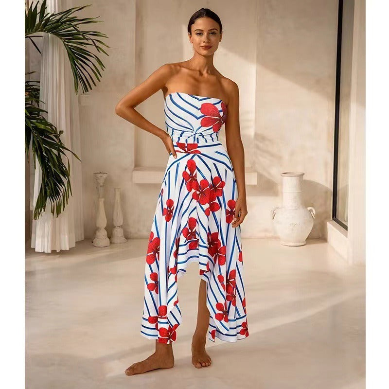 Printed One-Piece Swimsuit and Cover Up Skirt Set