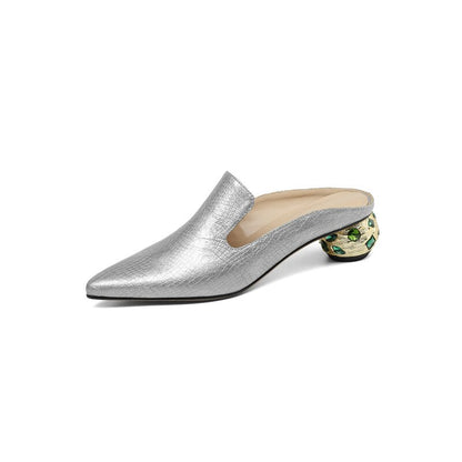 Genuine Leather Rhinestone Pointed Toe Crystal Pumps