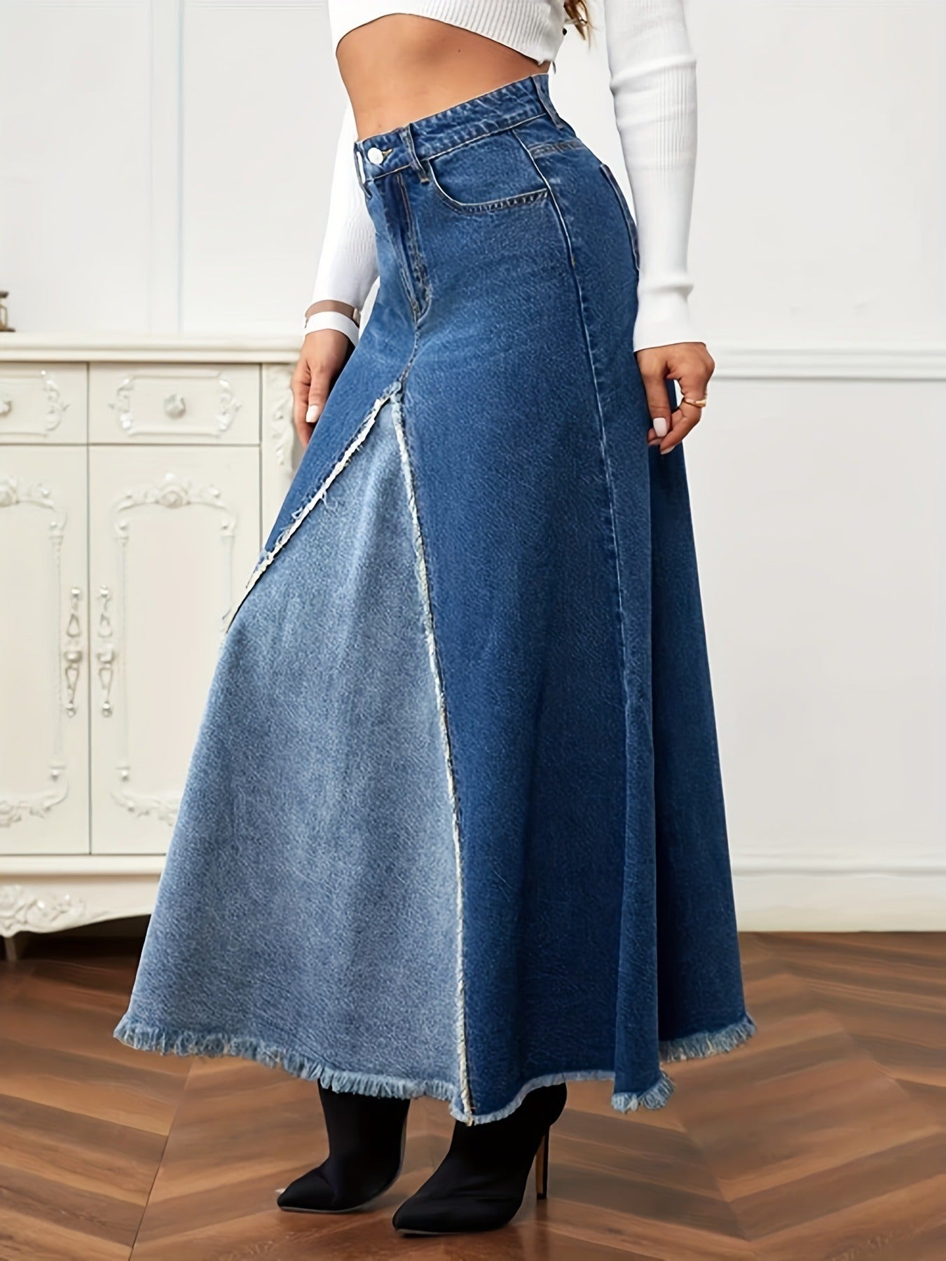 Autumn New Women's Denim Long Skirt Fashion Loose Spliced Denim Swing Skirt