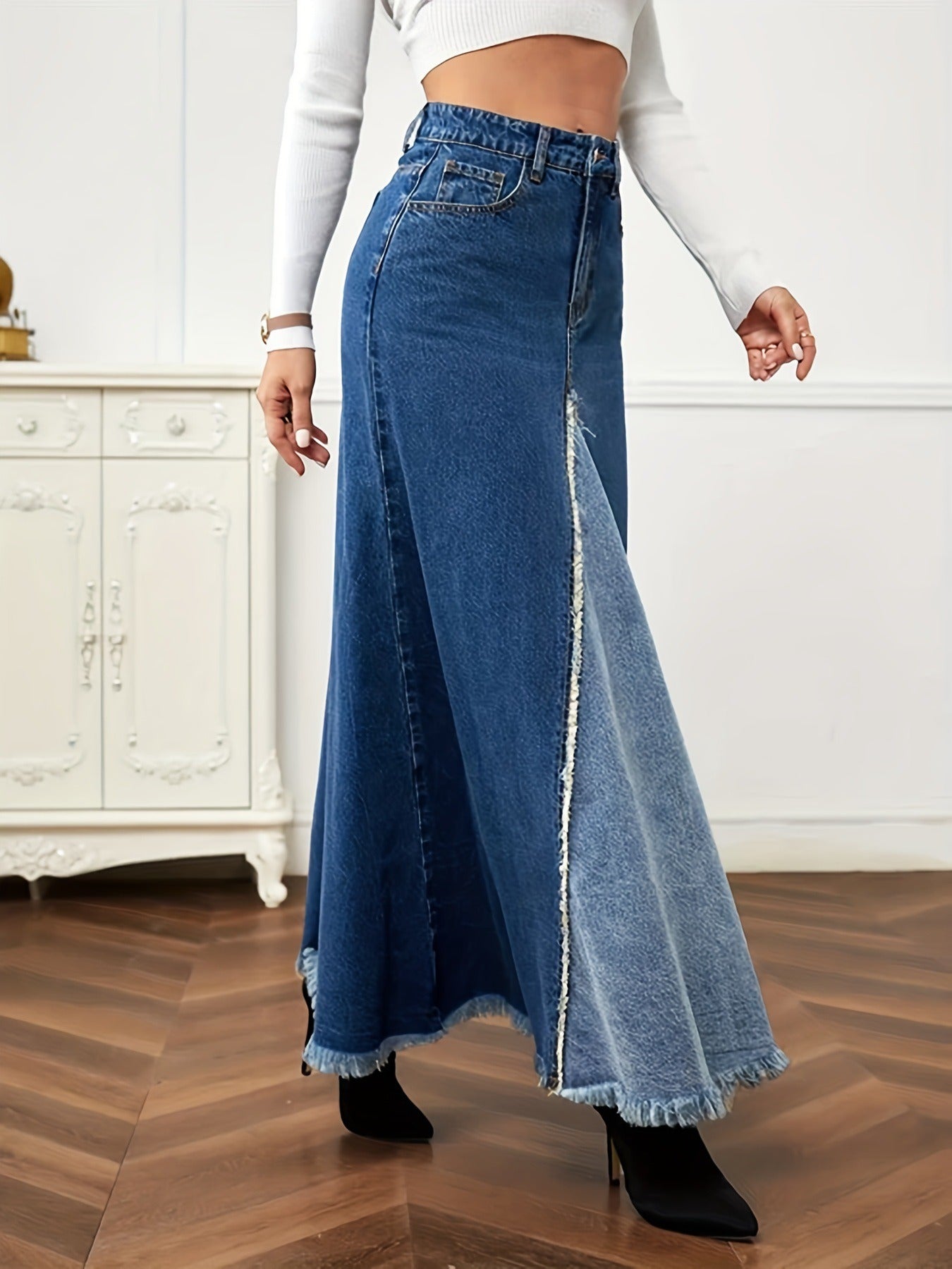 Autumn New Women's Denim Long Skirt Fashion Loose Spliced Denim Swing Skirt