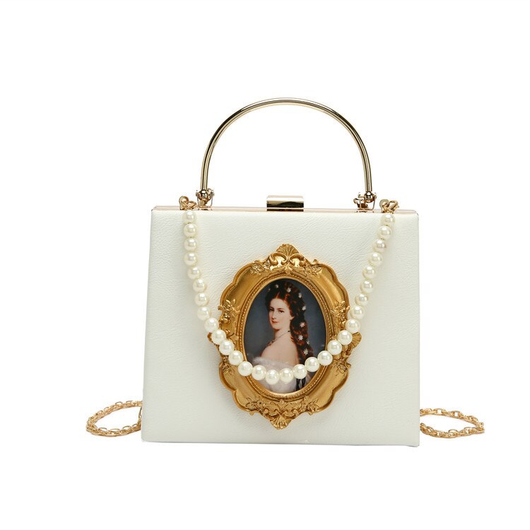 Portrait Faux Pearl Metal Handle Shoulder Bag