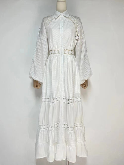 Embroidery Lantern Sleeve Openwork Maxi Dress