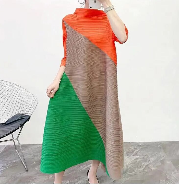 Miyake Pleated Color Block Midi Dress