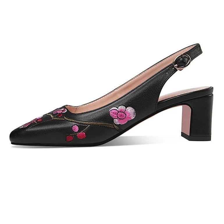 Embroidered High-Heel Slingback Shoes