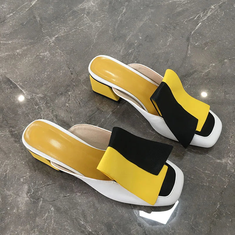 Color Block Mid Heel Mules