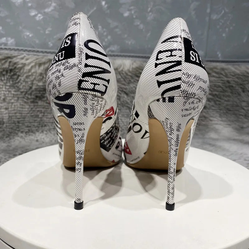 Newspaper Print Pointed Toe High Heel Shoes