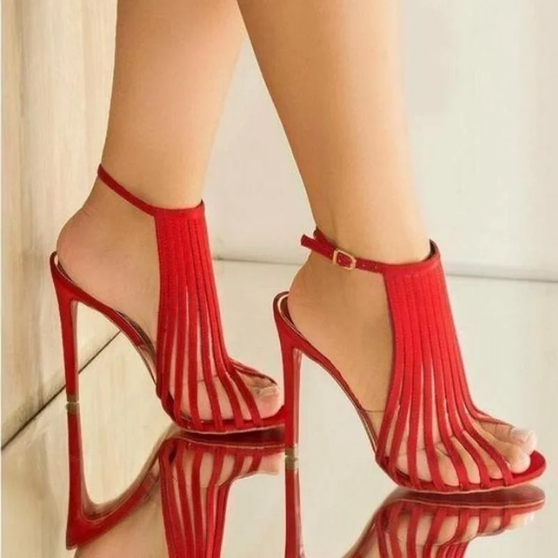 Vertical Strap Hollow Out Thin Heel Sandals