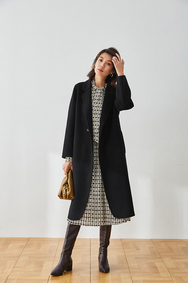 Double-Breasted Chain Detail Long Wool Coat