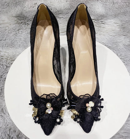 Flower Bow Lace Mesh High Heel Shoes