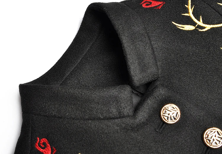 Embroidered Stand Collar Single-Breasted Coat