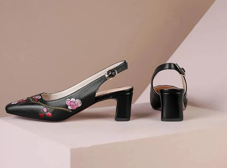 Embroidered High-Heel Slingback Shoes