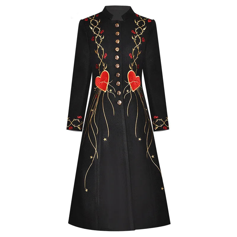 Embroidered Stand Collar Single-Breasted Coat