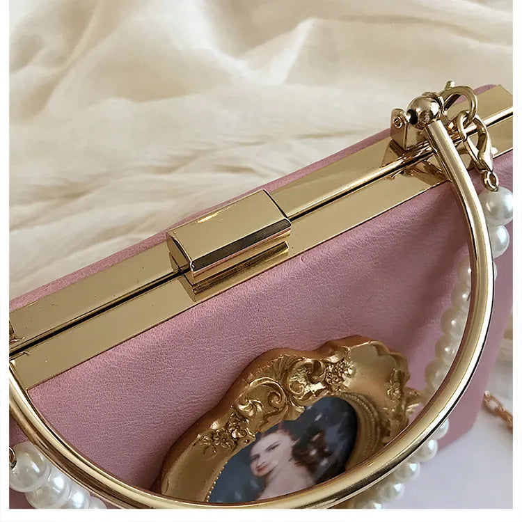 Portrait Faux Pearl Metal Handle Shoulder Bag