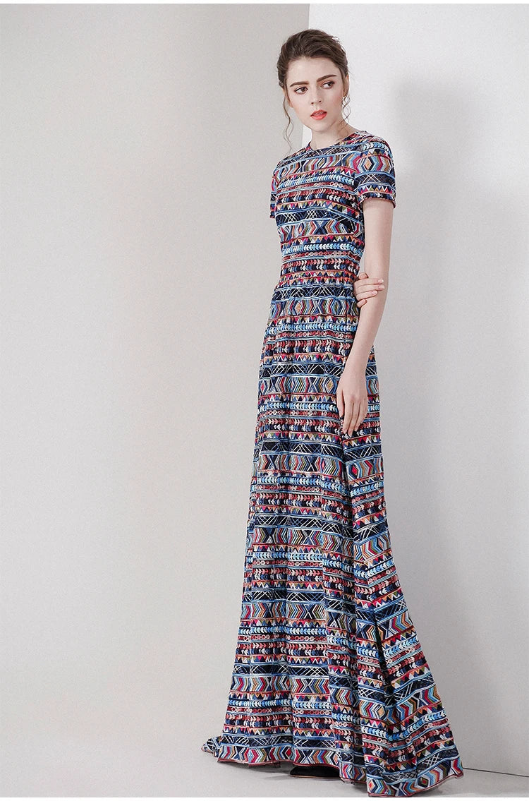 Embroidered Short Sleeve Maxi Dress