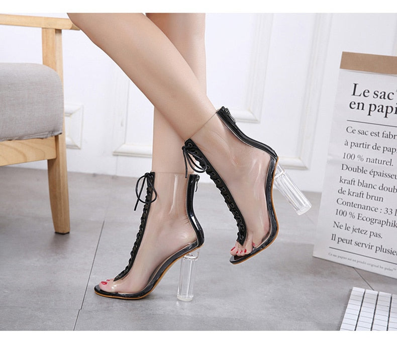 Open Toe Lace-Up Transparent Ankle Boots