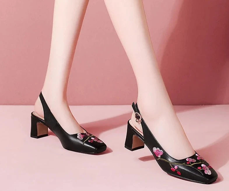 Embroidered High-Heel Slingback Shoes