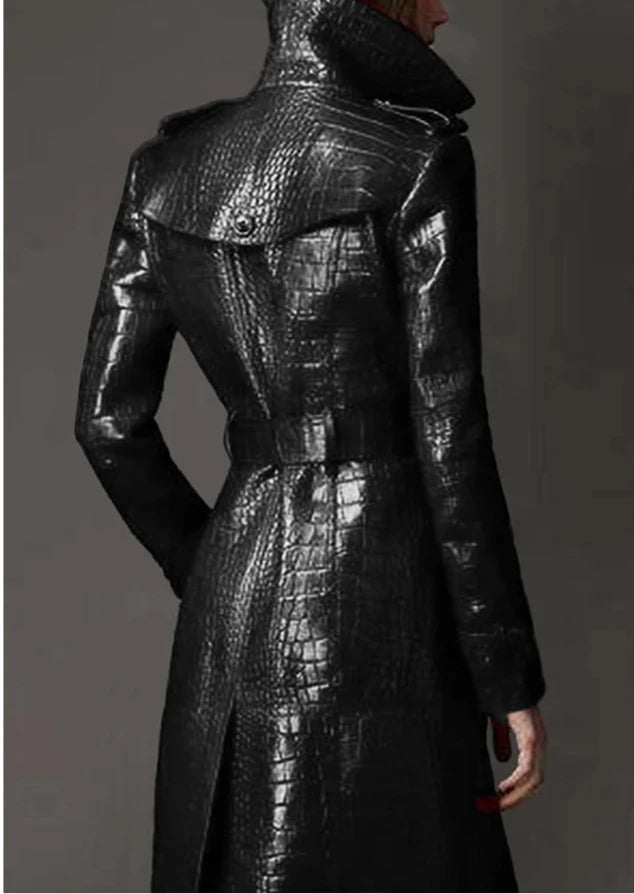 Crocodile Pattern PU Trench Coat