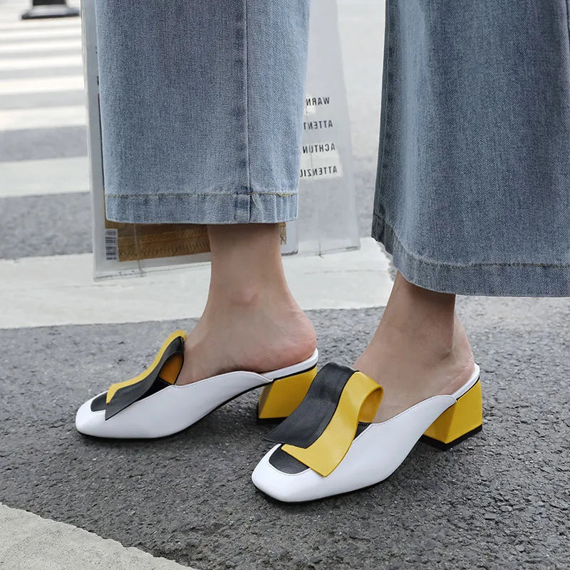 Color Block Mid Heel Mules