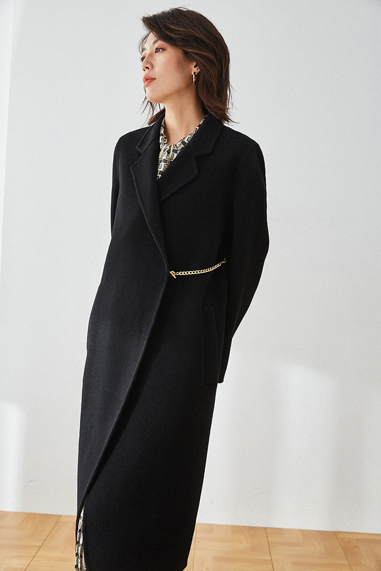 Double-Breasted Chain Detail Long Wool Coat