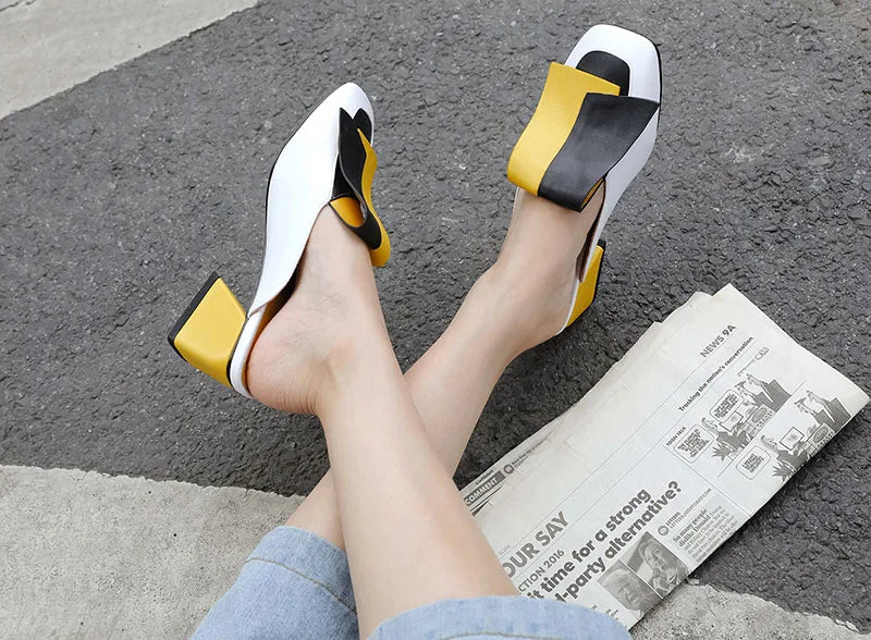 Color Block Mid Heel Mules