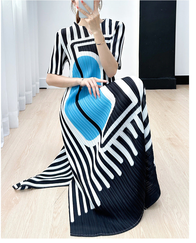 Miyake Pleated Striped A-Line Dress