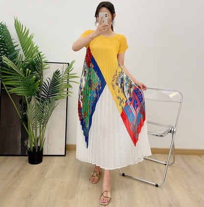 Pleated Round Neck Raglan Sleeve Midi Dress