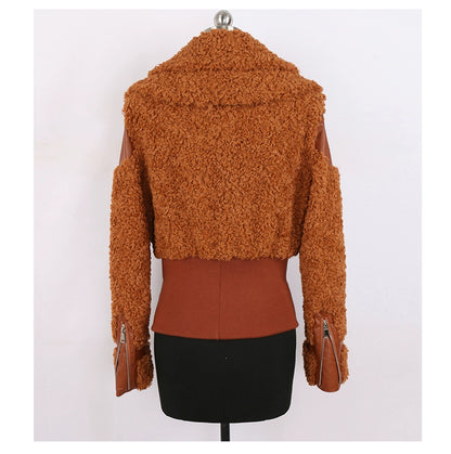 PU Leather Patchwork Faux Fur Fluffy Jacket