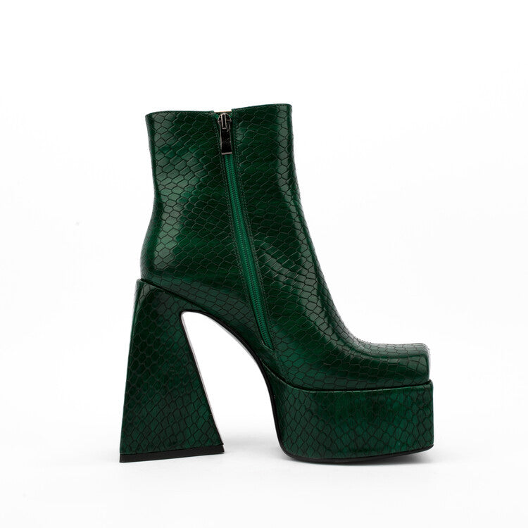 Square Head Animal Pattern Chunky Heel Boots