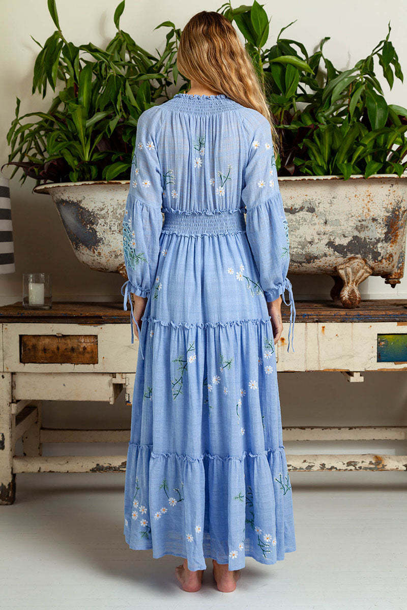 Floral Embroidered V-Neck Long Sleeve Maxi Dress