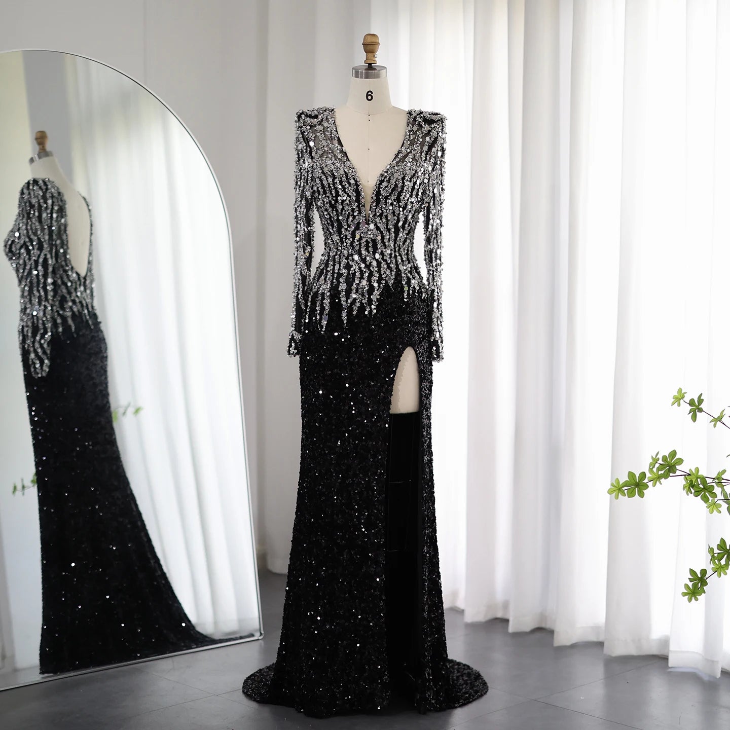 Sequined V-Neck Long Sleeve Floor-Length Dress