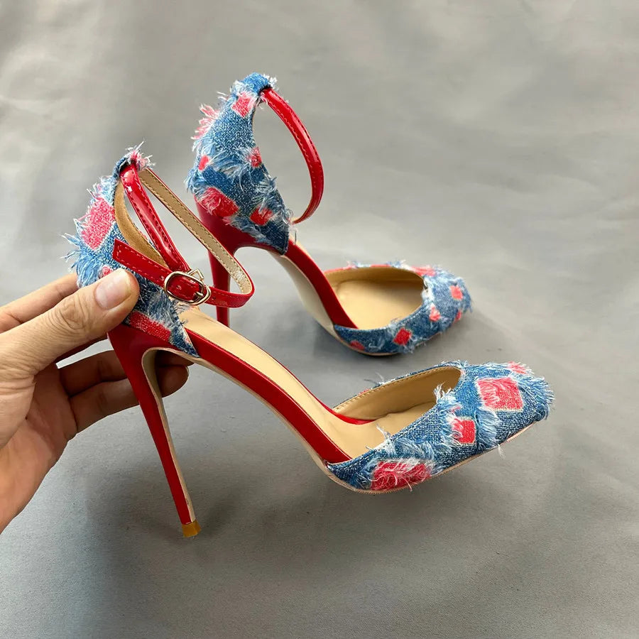 Denim Ankle Strap High Heel Sandals