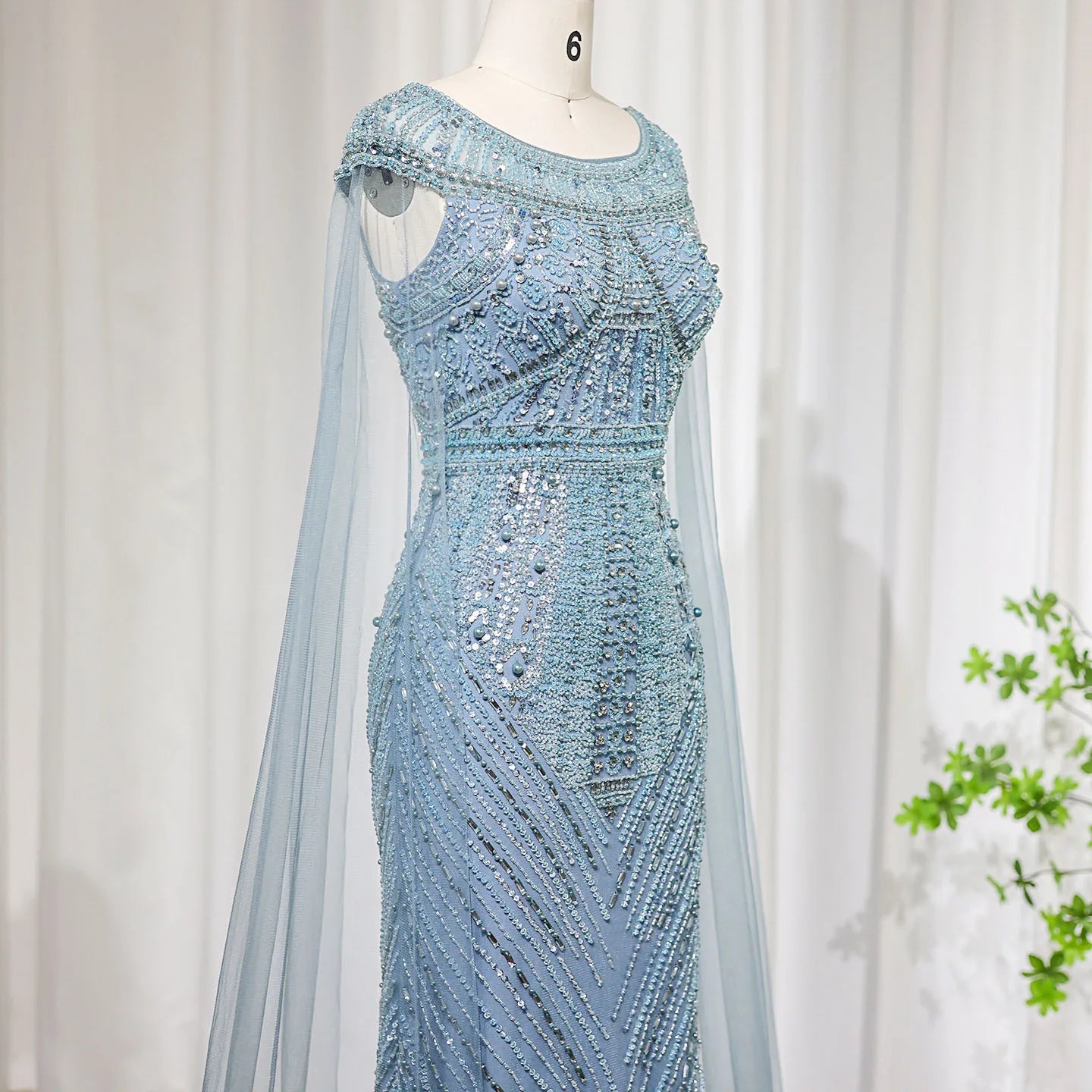 Luxury Beaded Floor-Length Dress with Long Cape Sleeves