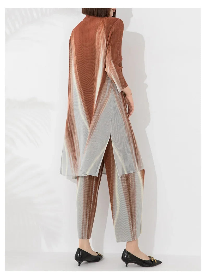 Miyake Pleated Two-Tone Top and Wide Leg Pants Set
