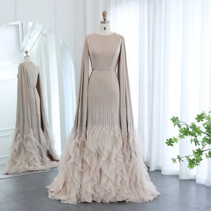 Tiered Ruffled Evening Dress with Cape Sleeves