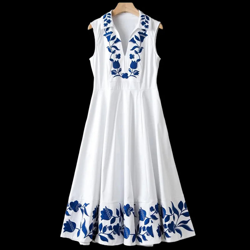 Floral Embroidered V-neck Sleeveless Midi Dress
