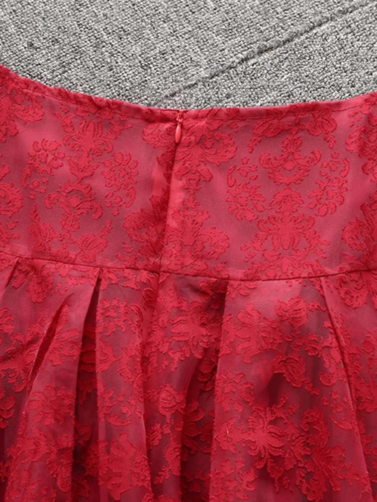 Spliced Lace-Up  Embroidered High Waist Skirt