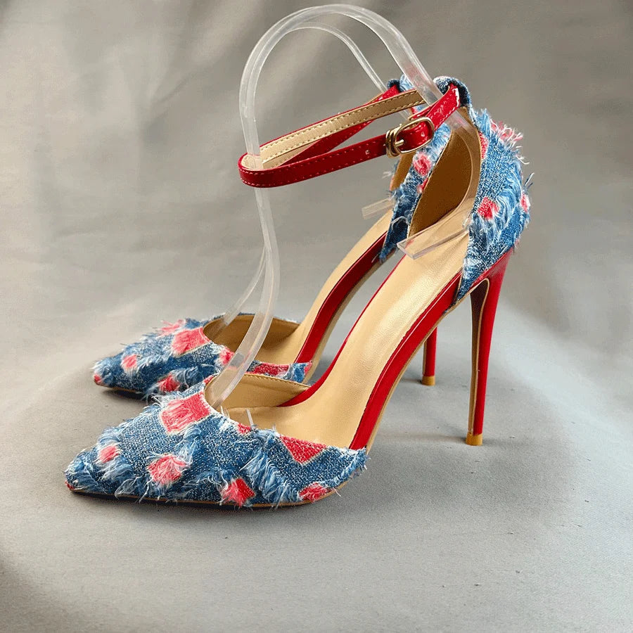 Denim Ankle Strap High Heel Sandals