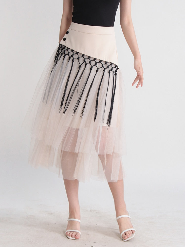 Patchwork Tassels Mesh A-Line Skirt