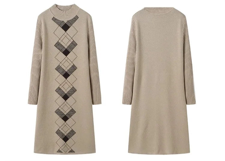 Beige sweater dress with black geometric pattern on a white background