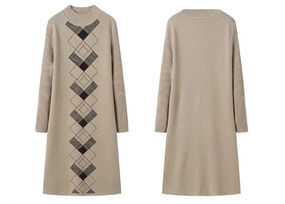 Beige sweater dress with black geometric pattern on a white background
