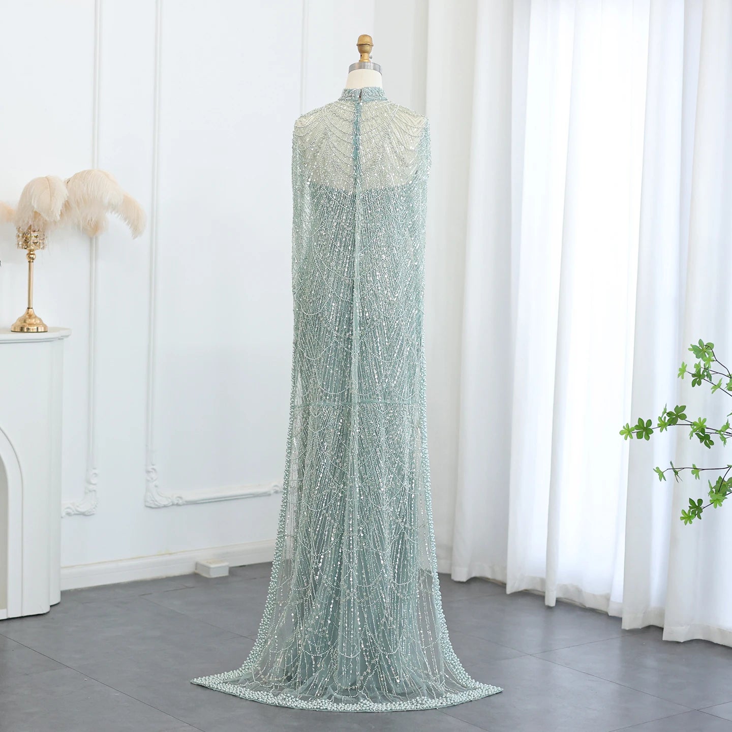 Beaded Strapless Floor-Length Dress with Cape
