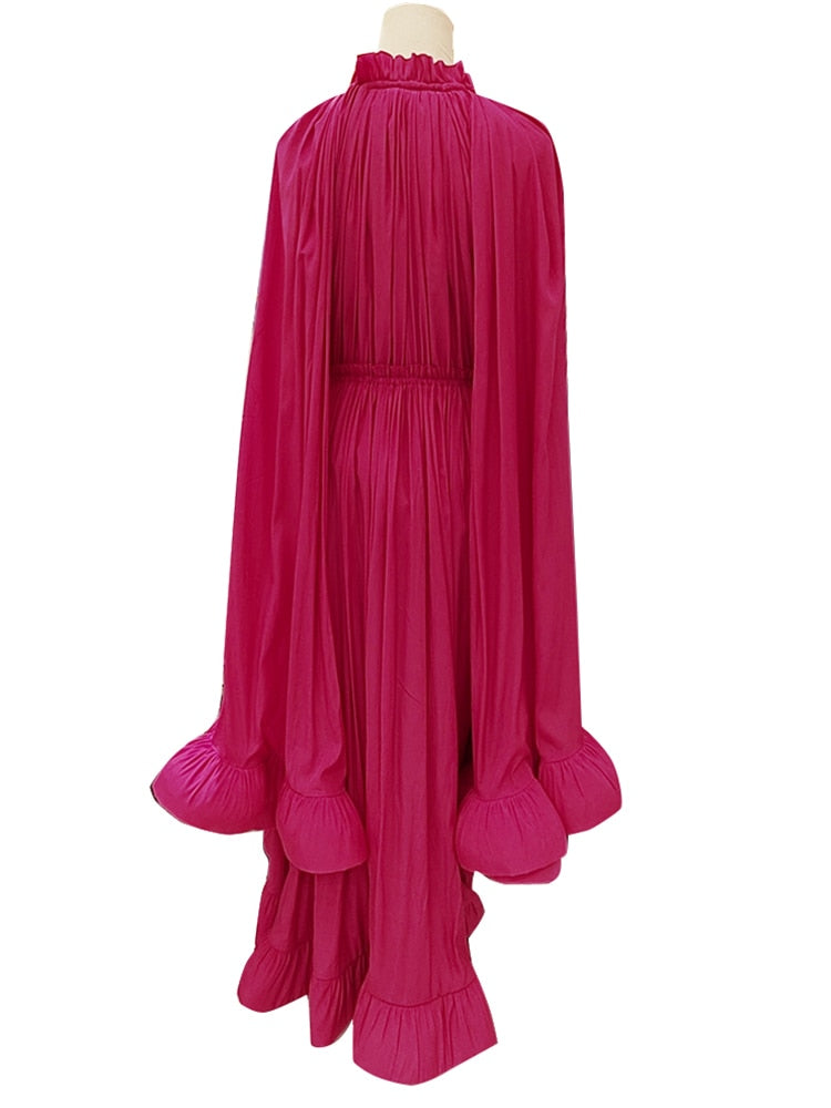 Pleated Ruffles Folds Irregular Hem Dress with Cloak Sleeves
