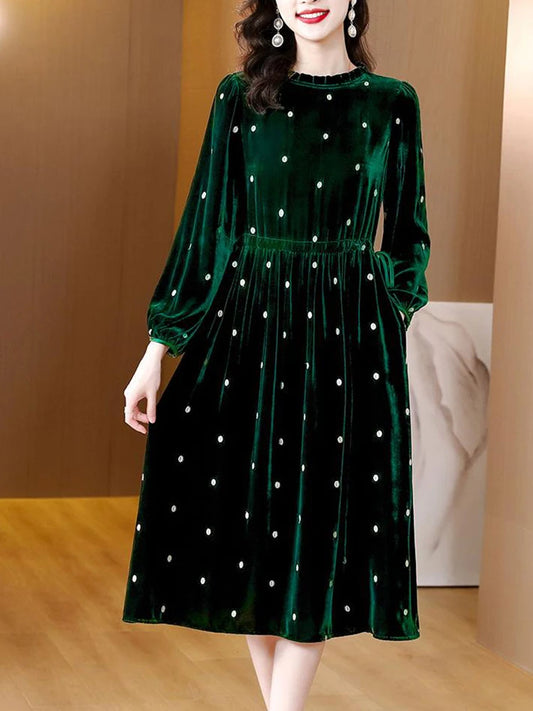 Polka Dot Ruffled Neck Velvet Midi Dress