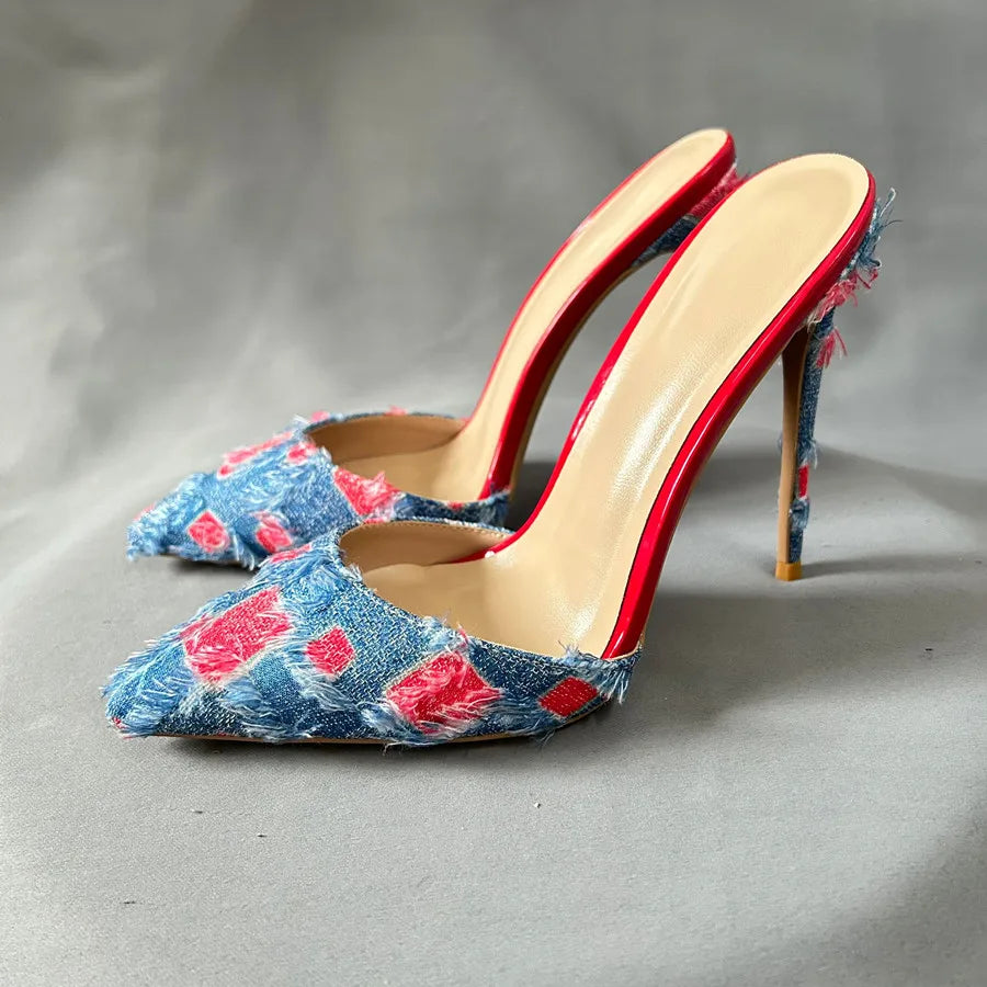 Denim Pointed Toe High Heel Sandals