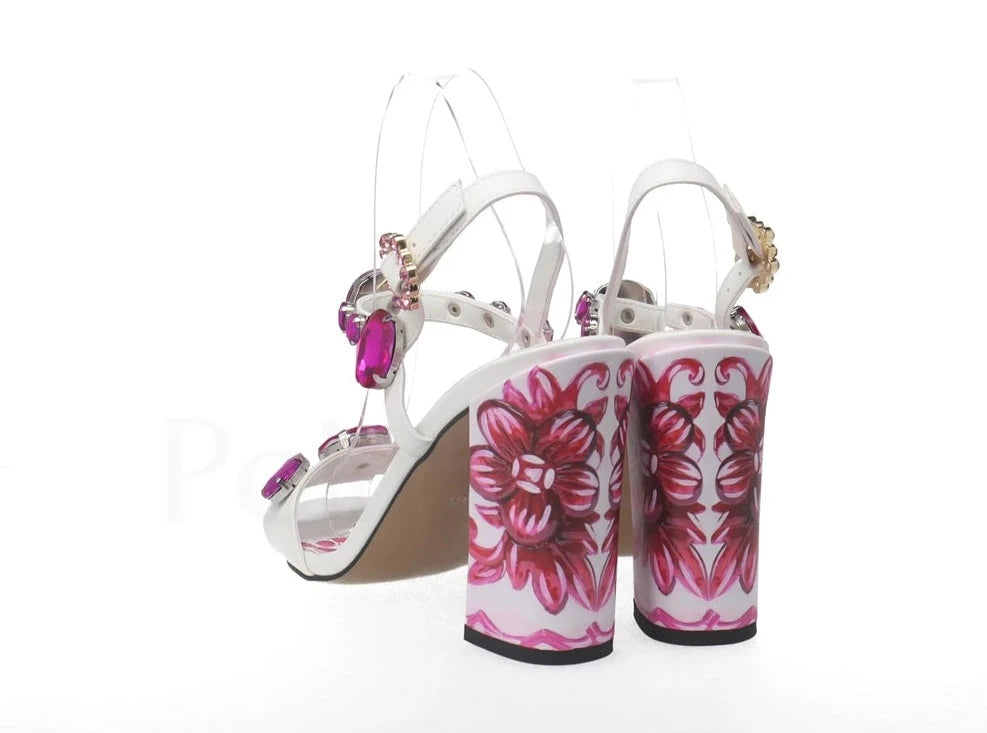 Porcelain Print Embellished Chunky Heel Sandals