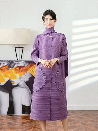 Miyake Pleated Fringe Pocket Midi Dress with Scarf