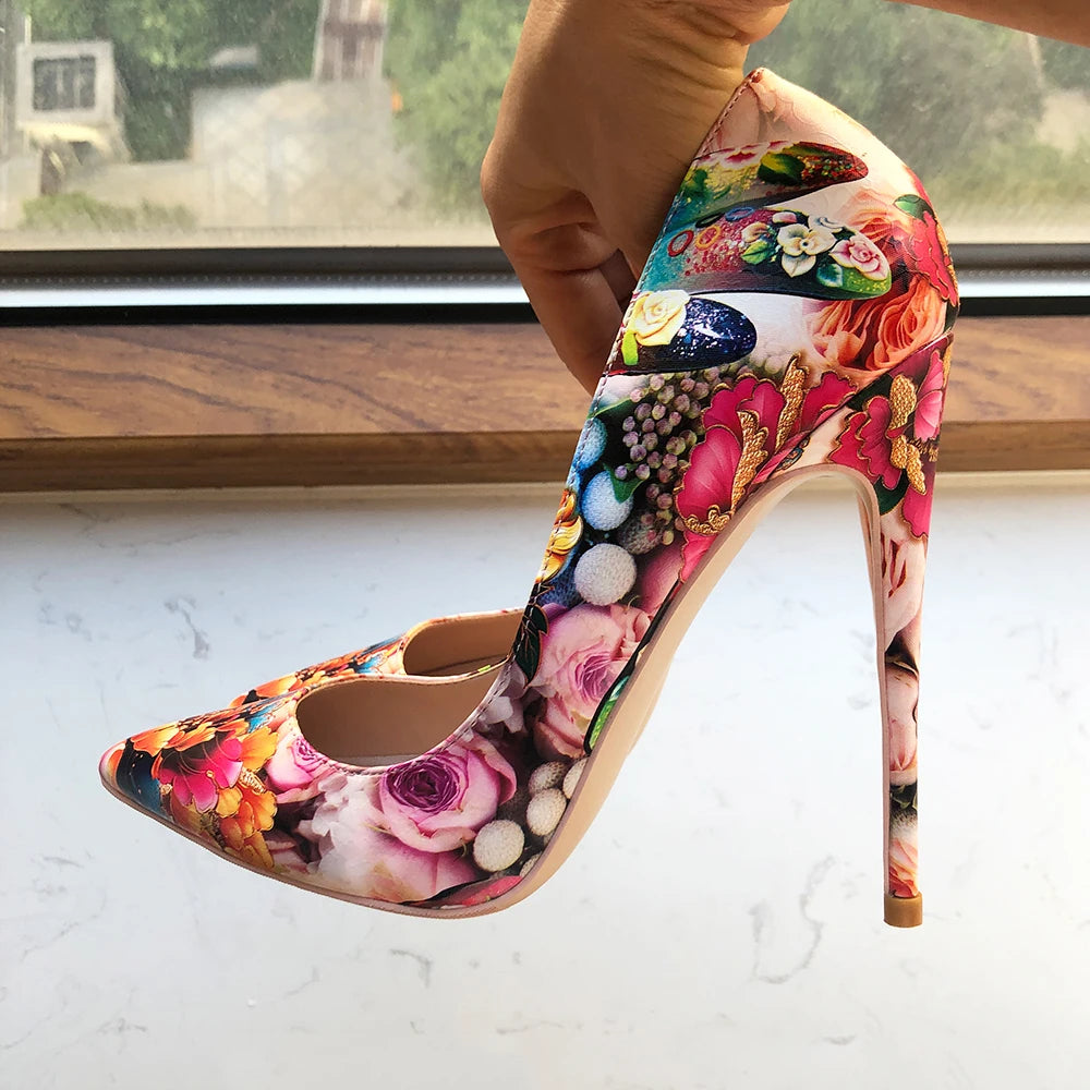 Glossy Floral Print Pointed Toe High Heel Shoes