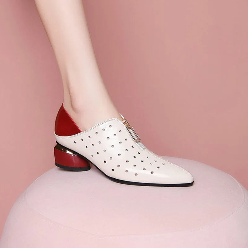 Retro Front Zipper Pointed Toe Pumps