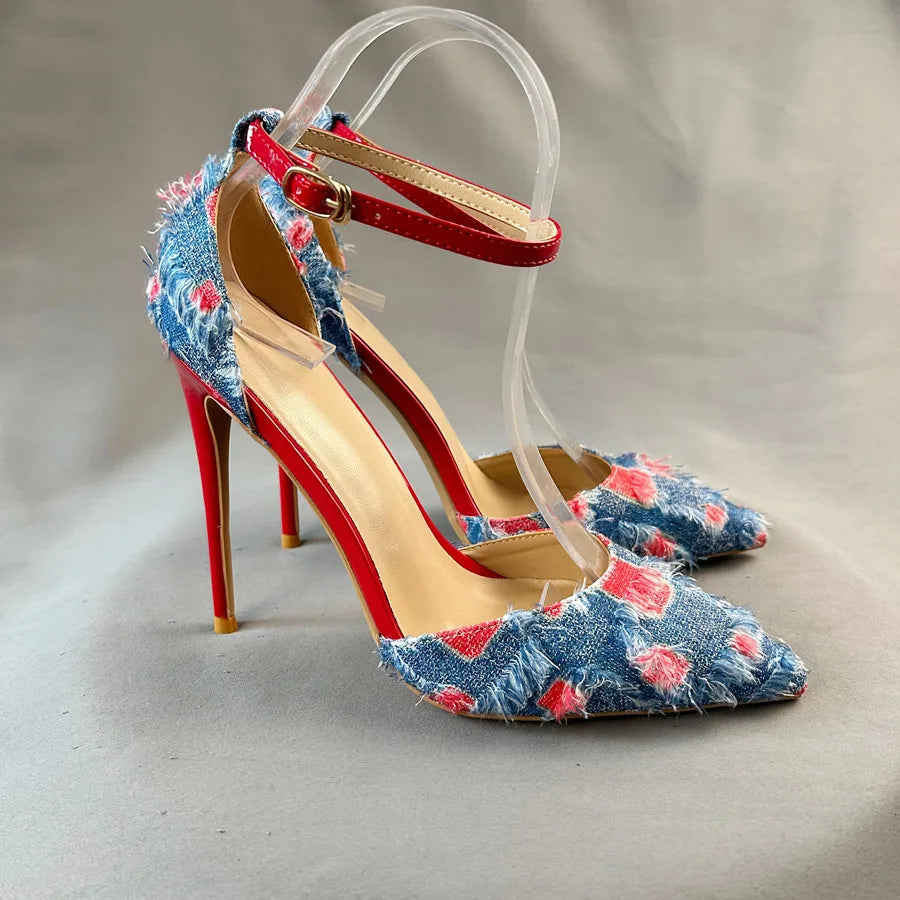 Denim Ankle Strap High Heel Sandals